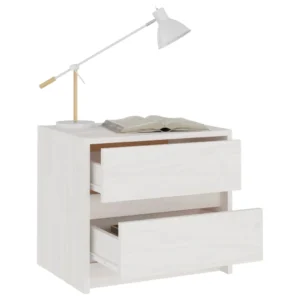 Table de chevet pin blanc design rustique 2 tiroirs, 40x30.5x35.5cm