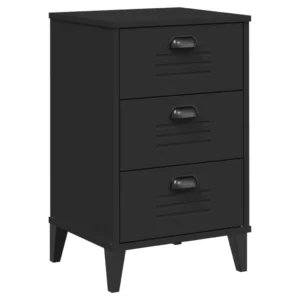 Table de chevet bois noir moderne industriel 3 tiroirs, 40x35x65cm