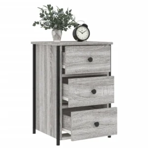Table de nuit bois gris design moderne 3 tiroirs, 40x36x60cm