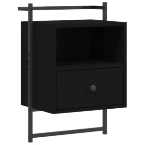 Table de nuit bois noir design moderne mural, 40x30x61cm